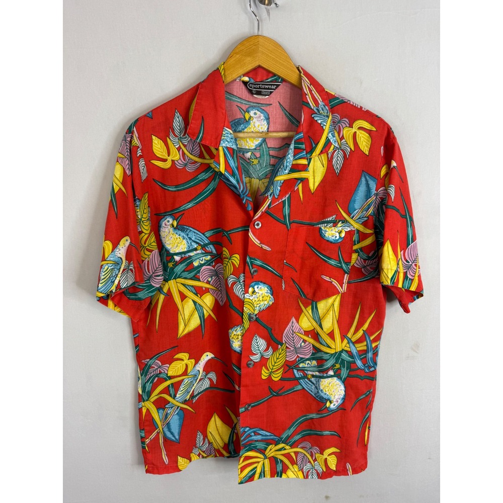 Vintage Sears Sportswear Red Tropical Parrot Bird Print Button Down Shirt Large